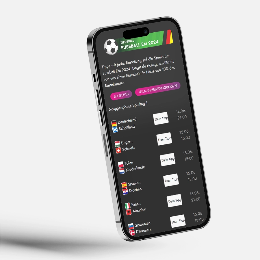 Fussball-Tippspiel während des Bestellvorgangs im Liefershop