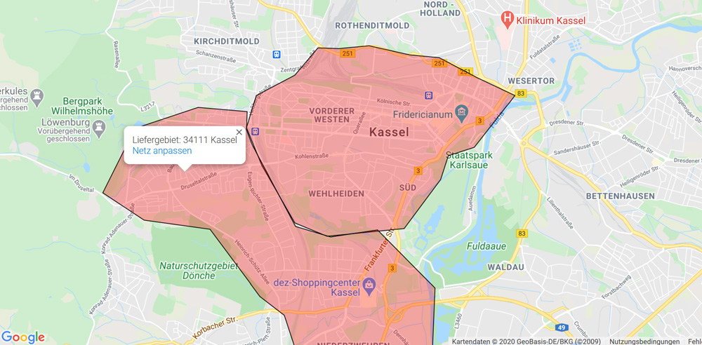 Liefergebiete auf einer Google-Karte festlegen