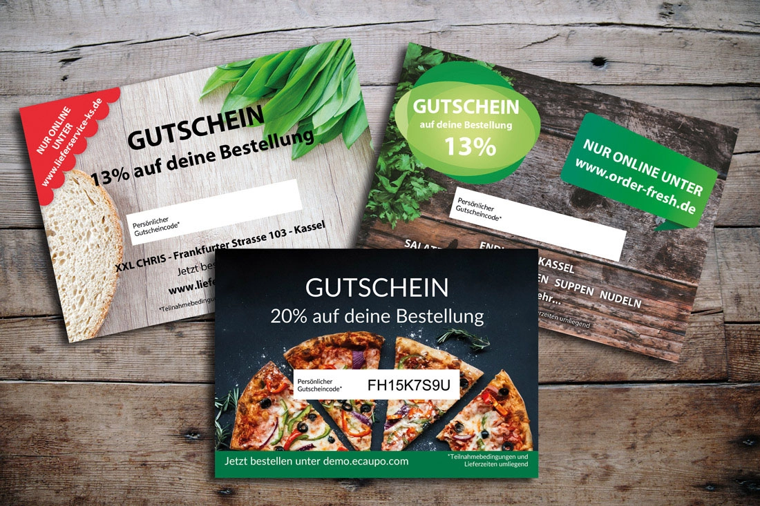 Gedruckte eCaupo-Gutscheine im Visitenkarten-Format